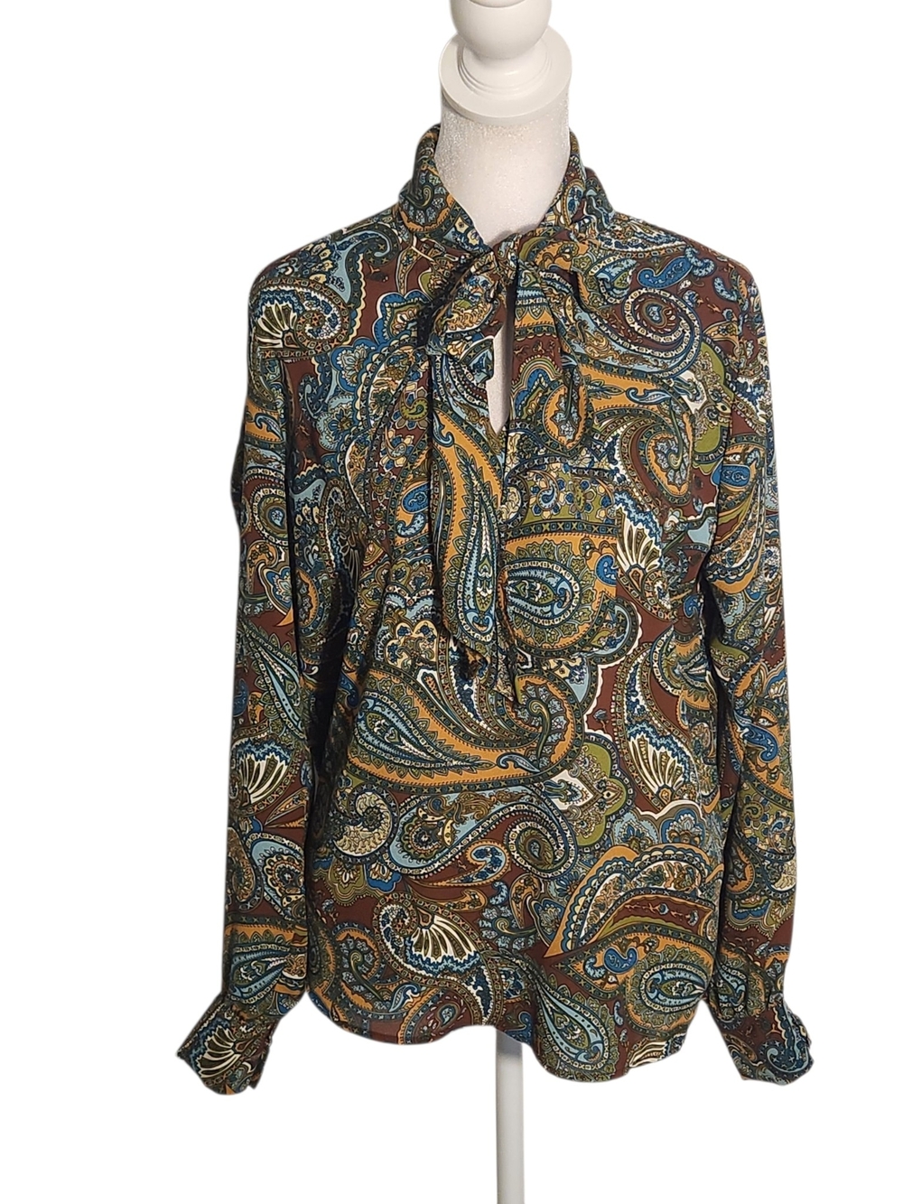 Ellen Weaver Womens Multicolor Paisley Blouse with Tie Neckline Size Small